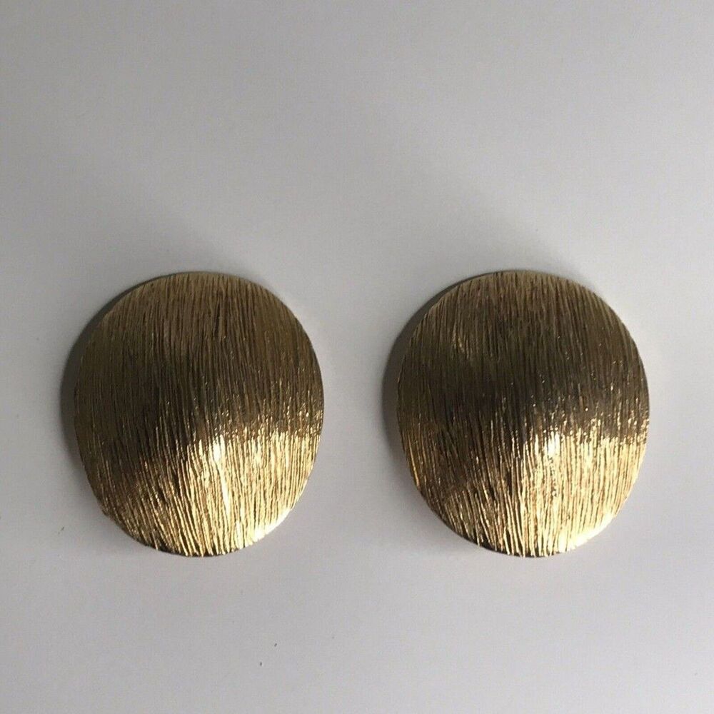 Vtg Clip On Earrings Brushed Goldtone Large Round textured 1980s FLAWED